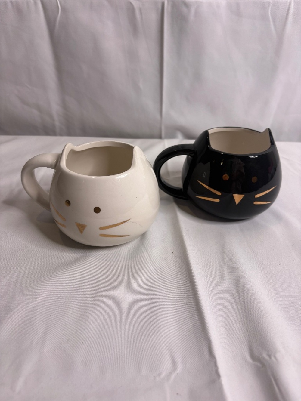 10 Strawberry Street Coffee Cat Mugs Black and White Gold Faces Set of 2
